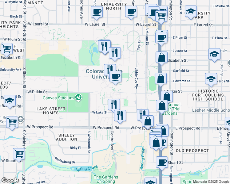 map of restaurants, bars, coffee shops, grocery stores, and more near East Pitkin Street in Fort Collins