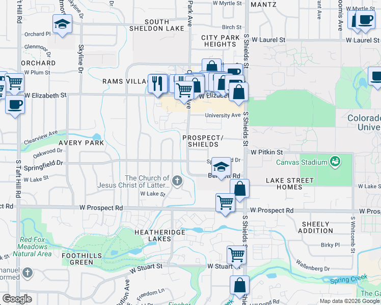map of restaurants, bars, coffee shops, grocery stores, and more near 1320 Springfield Drive in Fort Collins