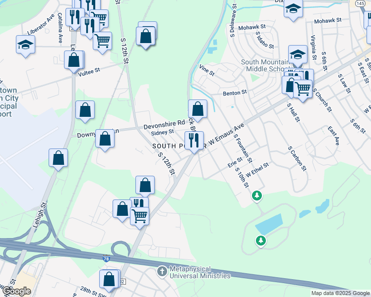 map of restaurants, bars, coffee shops, grocery stores, and more near 2310 S 11th St in Allentown