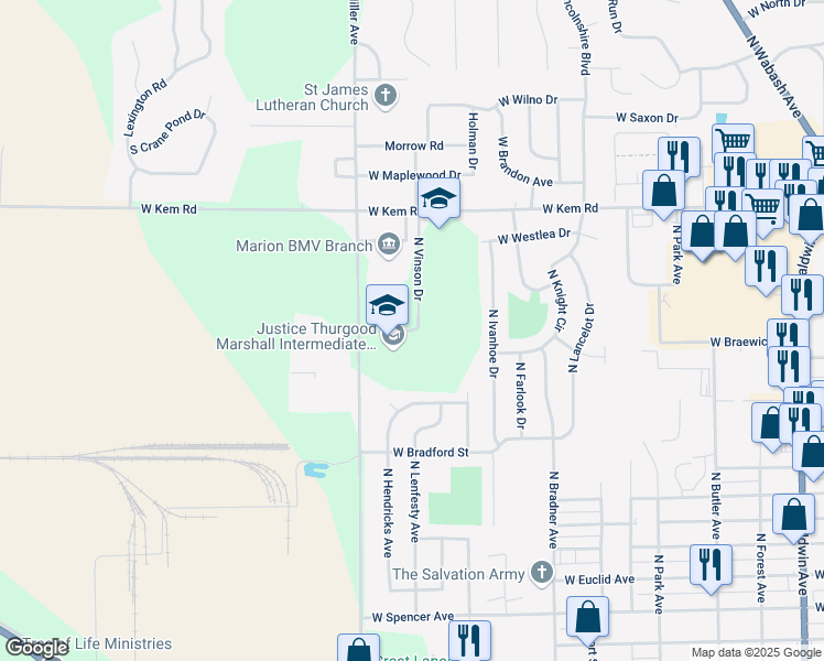 map of restaurants, bars, coffee shops, grocery stores, and more near 2111 West Frederick Drive in Marion