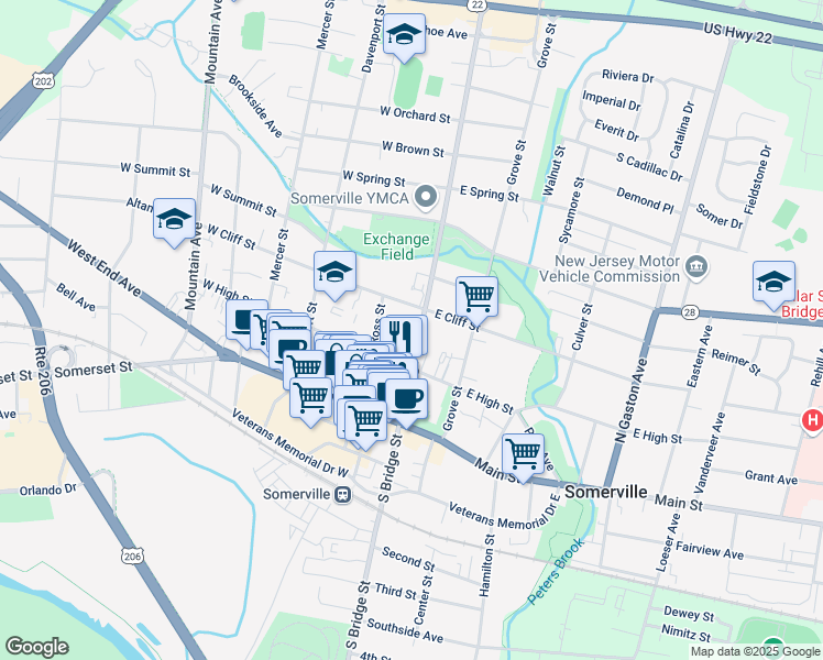 map of restaurants, bars, coffee shops, grocery stores, and more near in Somerville