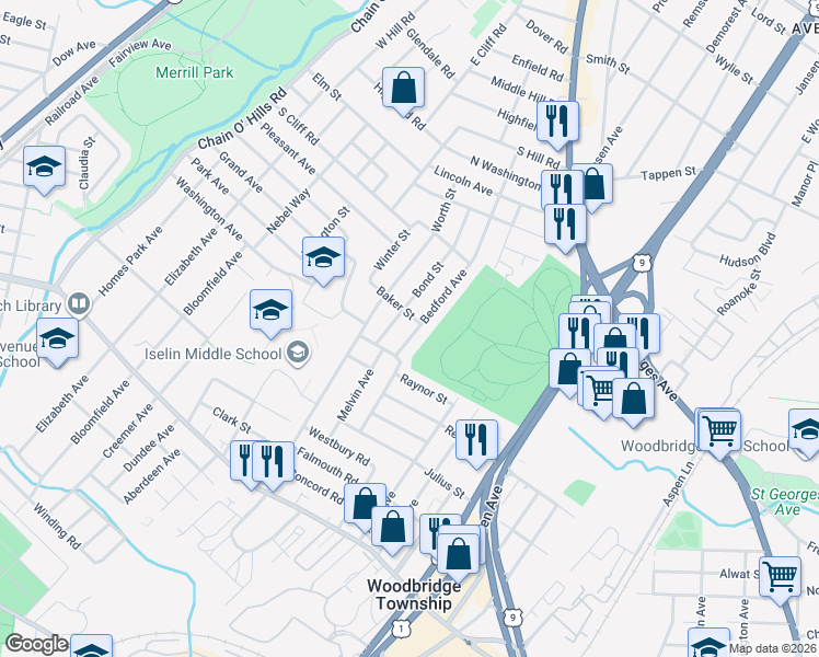 map of restaurants, bars, coffee shops, grocery stores, and more near 142 Bedford Avenue in Woodbridge Township
