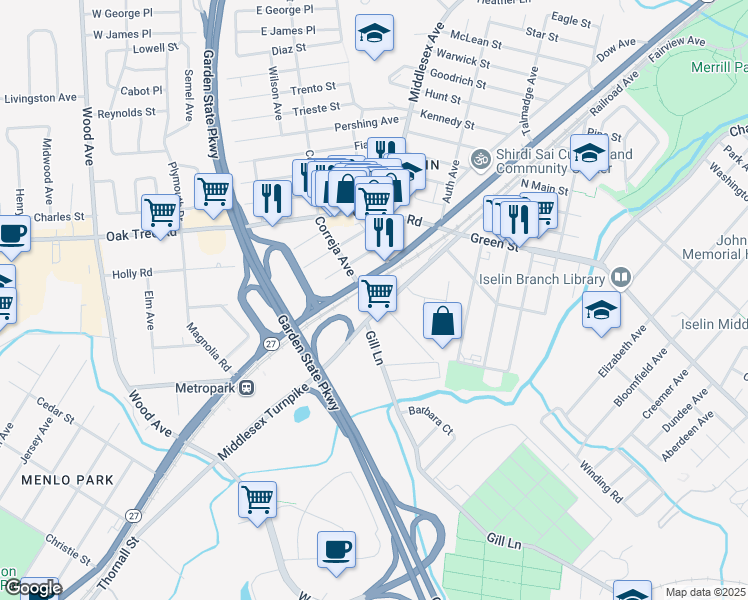 map of restaurants, bars, coffee shops, grocery stores, and more near in Woodbridge Township