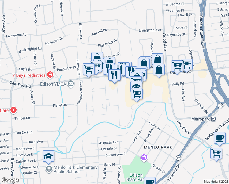 map of restaurants, bars, coffee shops, grocery stores, and more near 1 Dayton Drive in Edison