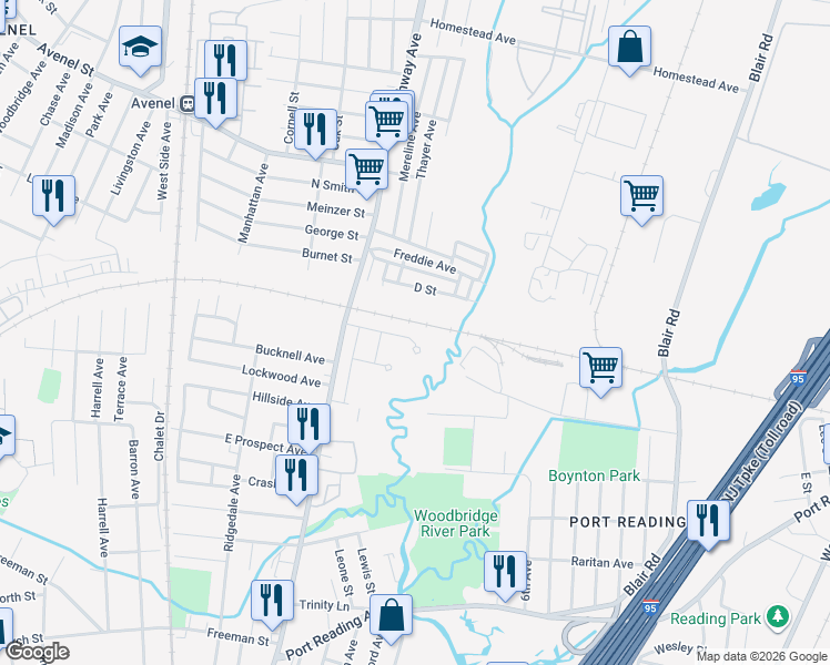 map of restaurants, bars, coffee shops, grocery stores, and more near 910 Kings Ct in Woodbridge Township