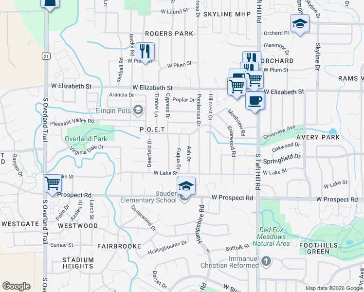 map of restaurants, bars, coffee shops, grocery stores, and more near 1301 Ash Drive in Fort Collins