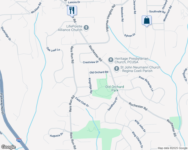 map of restaurants, bars, coffee shops, grocery stores, and more near 2240 Kingridge Road in Pittsburgh