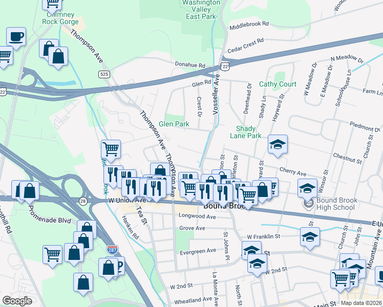 map of restaurants, bars, coffee shops, grocery stores, and more near 431 William Street in Bound Brook