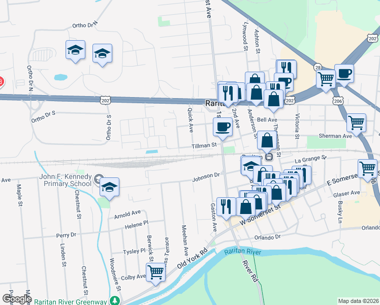 map of restaurants, bars, coffee shops, grocery stores, and more near 4 Nottingham Way in Hillsborough Township