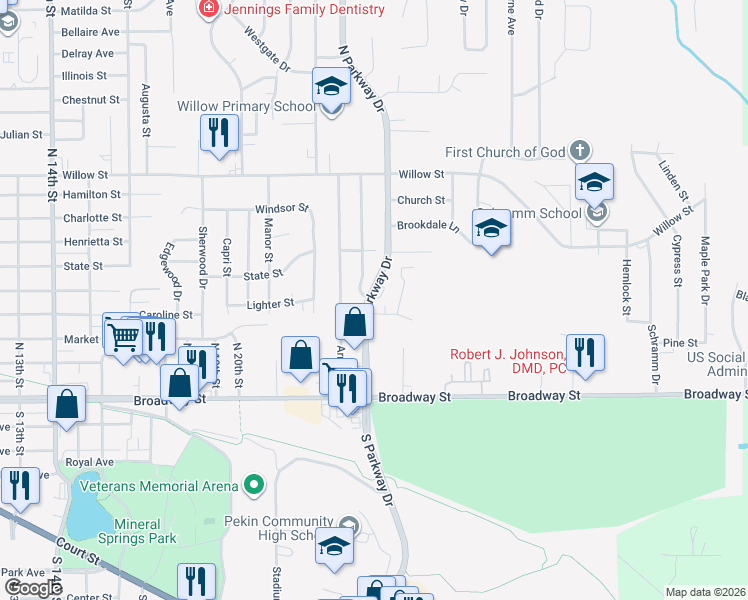 map of restaurants, bars, coffee shops, grocery stores, and more near 2203 Stoneybrook Road in Pekin