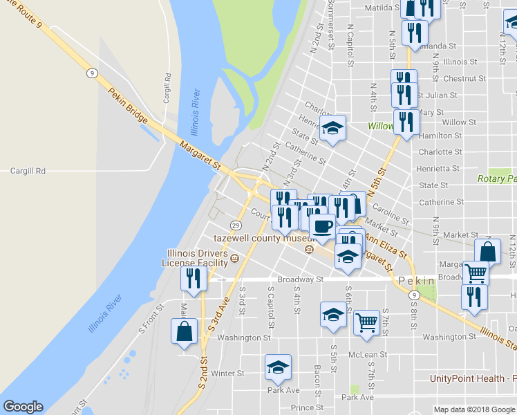 map of restaurants, bars, coffee shops, grocery stores, and more near 230 Court Street in Pekin