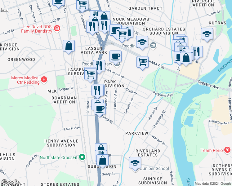 map of restaurants, bars, coffee shops, grocery stores, and more near 2749 Lanning Avenue in Redding