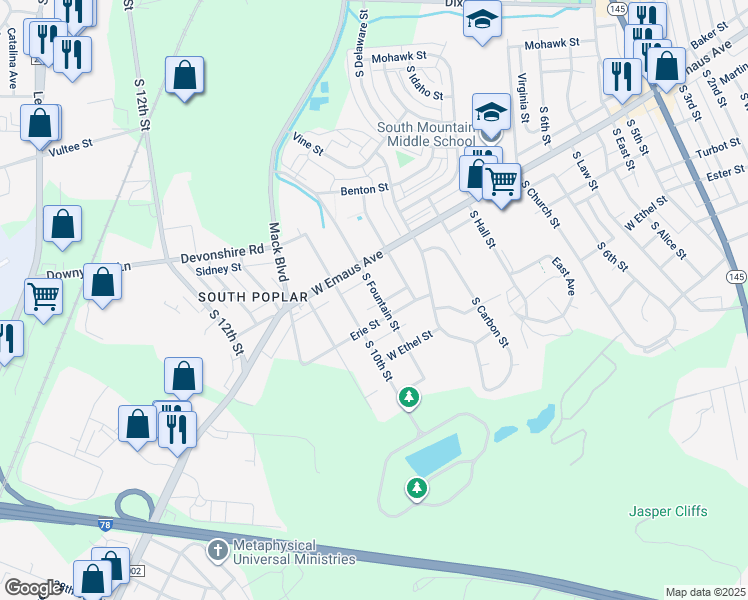 map of restaurants, bars, coffee shops, grocery stores, and more near 955 Erie Street in Allentown