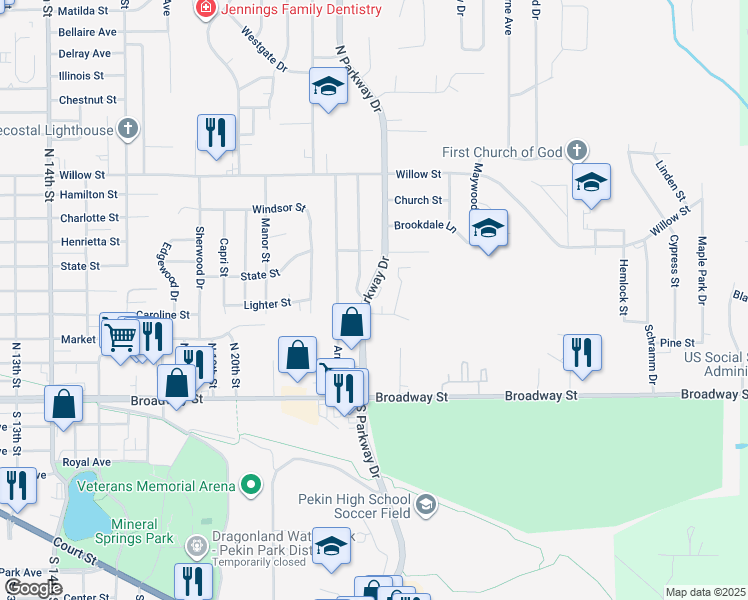 map of restaurants, bars, coffee shops, grocery stores, and more near 2203 Stoneybrook Road in Pekin