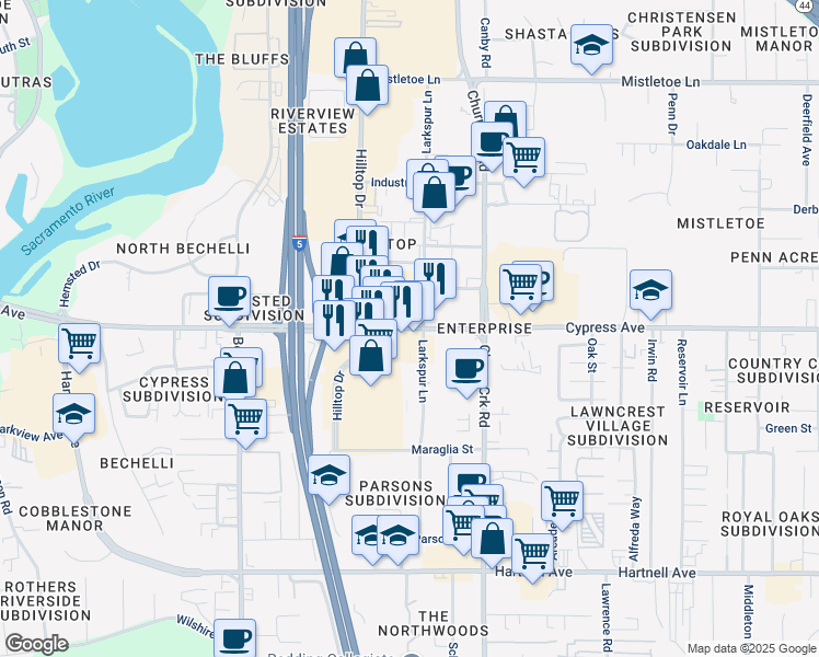 map of restaurants, bars, coffee shops, grocery stores, and more near Cypress Avenue in Redding