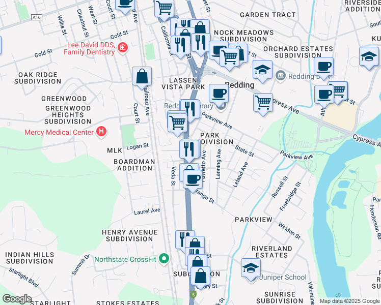 map of restaurants, bars, coffee shops, grocery stores, and more near 2731 South Market Street in Redding