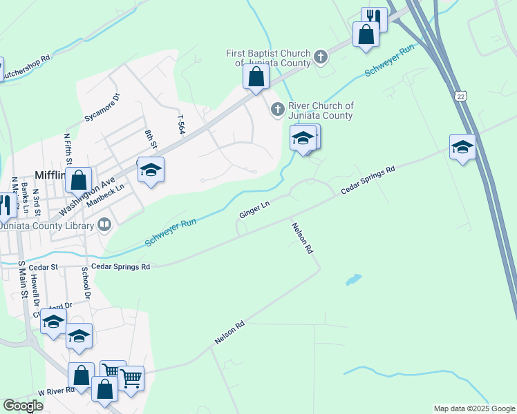 map of restaurants, bars, coffee shops, grocery stores, and more near 585 Cedar Springs Road in Mifflintown