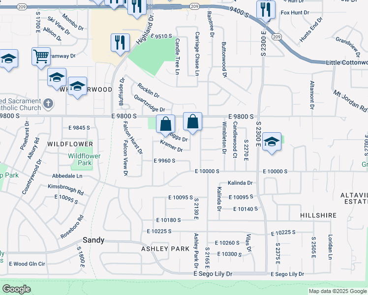 map of restaurants, bars, coffee shops, grocery stores, and more near 2103 Kramer Drive in Sandy