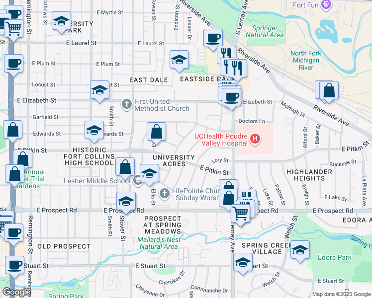 map of restaurants, bars, coffee shops, grocery stores, and more near 1216 Green Street in Fort Collins
