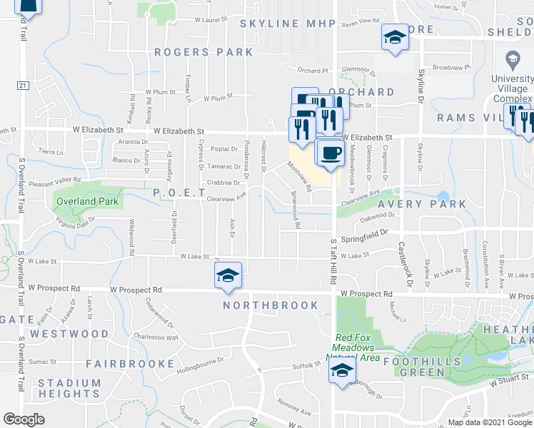 map of restaurants, bars, coffee shops, grocery stores, and more near 1213 Village Lane in Fort Collins
