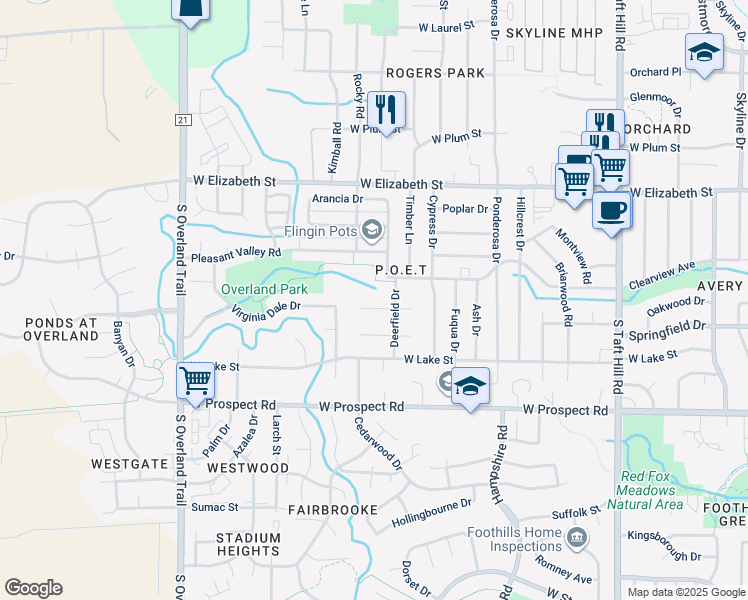 map of restaurants, bars, coffee shops, grocery stores, and more near 2631 Flintridge Place in Fort Collins