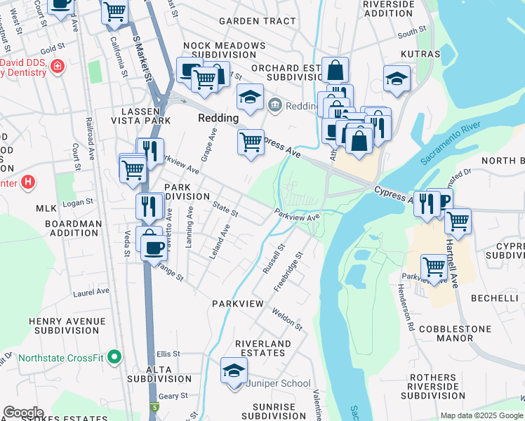 map of restaurants, bars, coffee shops, grocery stores, and more near 633 State Street in Redding