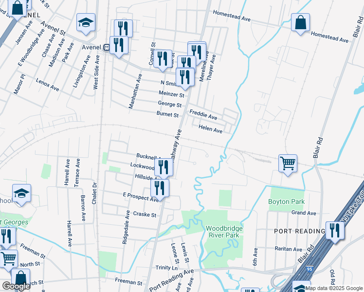 map of restaurants, bars, coffee shops, grocery stores, and more near 1203 Duke Drive in Woodbridge Township
