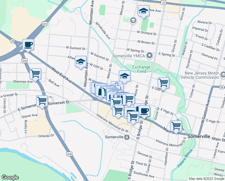 map of restaurants, bars, coffee shops, grocery stores, and more near 21-29 South Davenport Street in Somerville