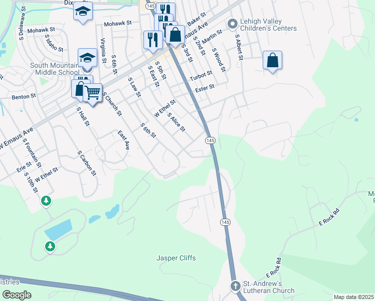 map of restaurants, bars, coffee shops, grocery stores, and more near 2622 South Law Street in Allentown