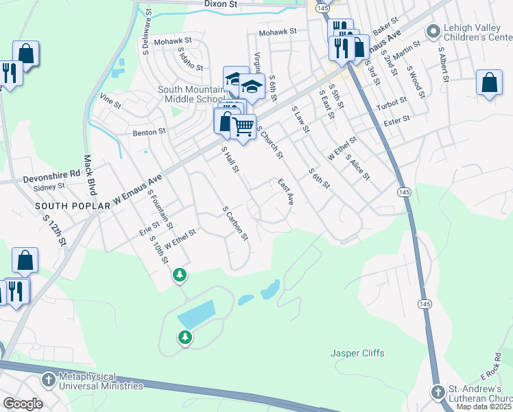 map of restaurants, bars, coffee shops, grocery stores, and more near 2463 South Carbon Street in Allentown