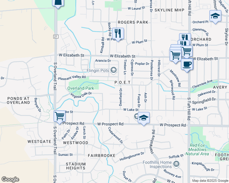 map of restaurants, bars, coffee shops, grocery stores, and more near 2631 Flintridge Place in Fort Collins