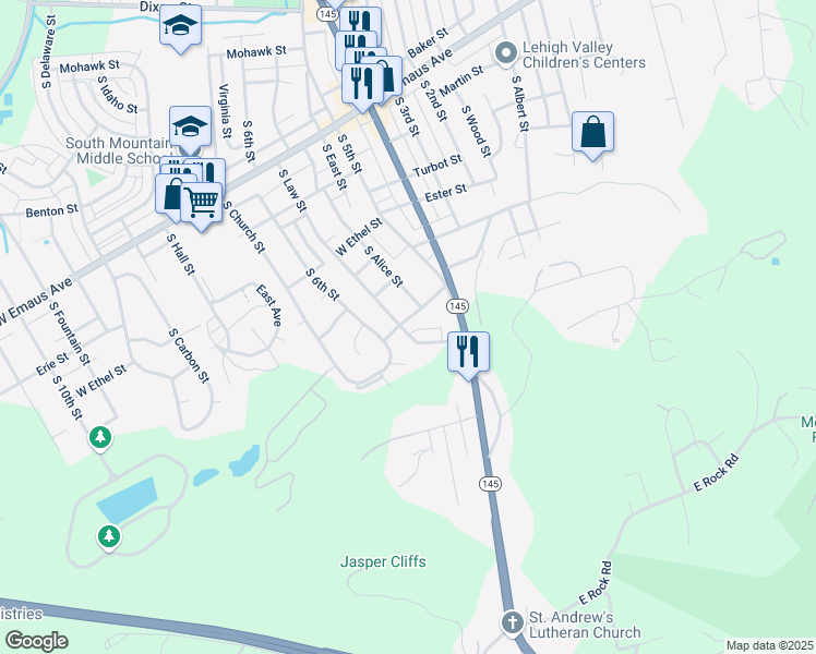 map of restaurants, bars, coffee shops, grocery stores, and more near 2622 South Law Street in Allentown