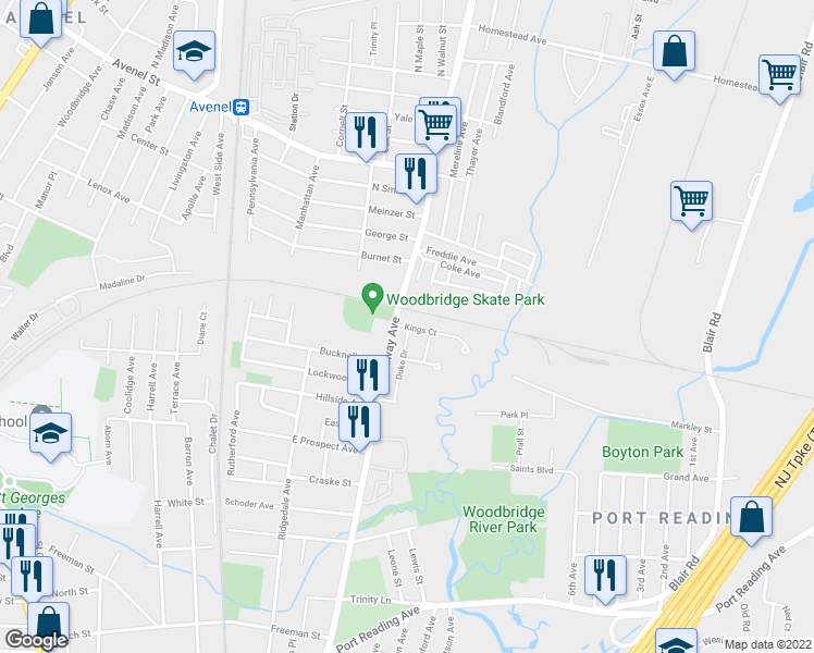 map of restaurants, bars, coffee shops, grocery stores, and more near 902 Kings Court in Woodbridge Township
