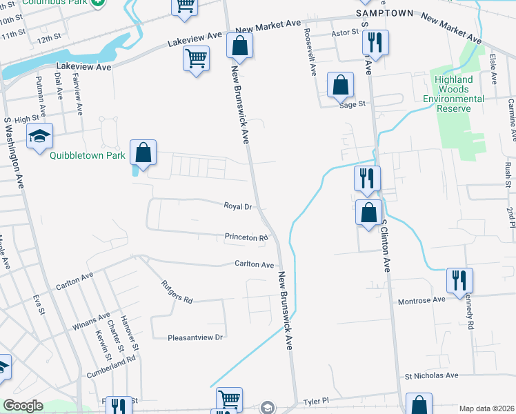 map of restaurants, bars, coffee shops, grocery stores, and more near New Brunswick Avenue & Royal Drive in Piscataway Township
