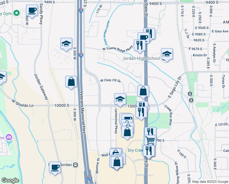 map of restaurants, bars, coffee shops, grocery stores, and more near 10000 Centennial Parkway in Sandy