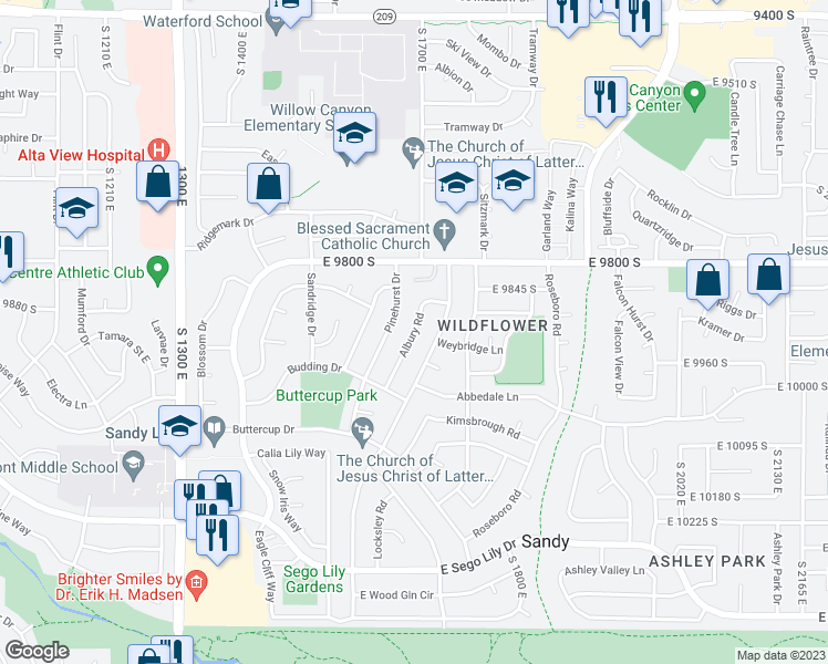 map of restaurants, bars, coffee shops, grocery stores, and more near 9914 South Albury Road in Sandy
