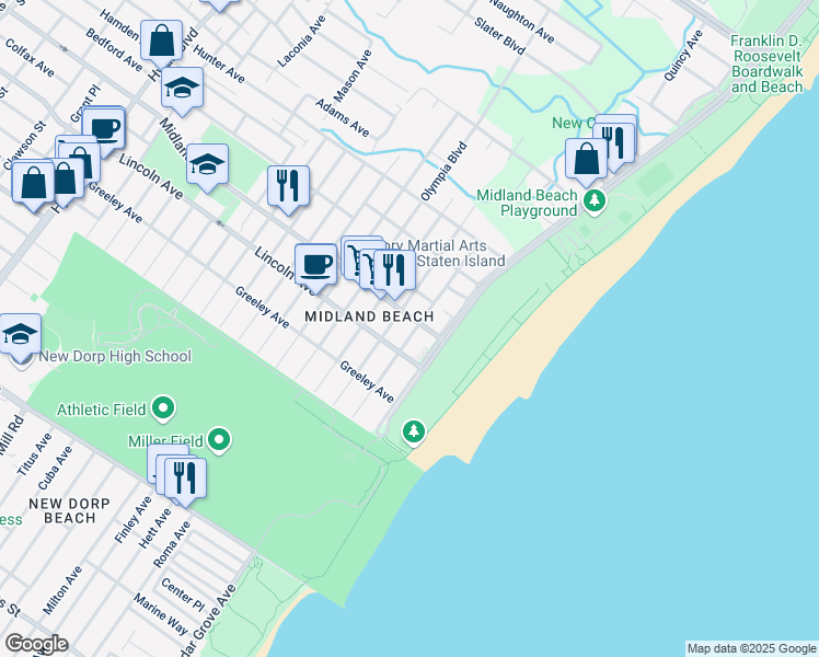 map of restaurants, bars, coffee shops, grocery stores, and more near 1111 Father Capodanno Boulevard in Staten Island