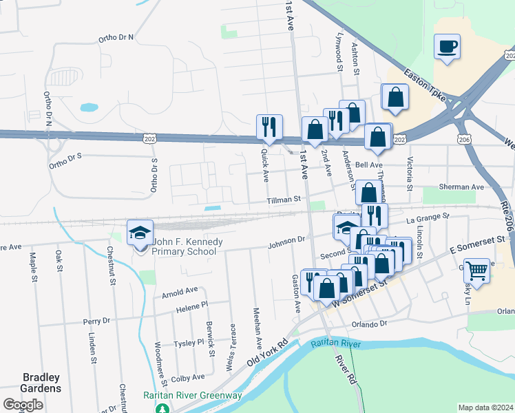 map of restaurants, bars, coffee shops, grocery stores, and more near 25 Tillman Street in Raritan