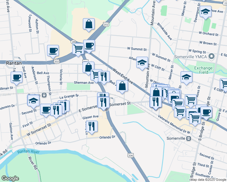 map of restaurants, bars, coffee shops, grocery stores, and more near R130 East Somerset Street in Somerville