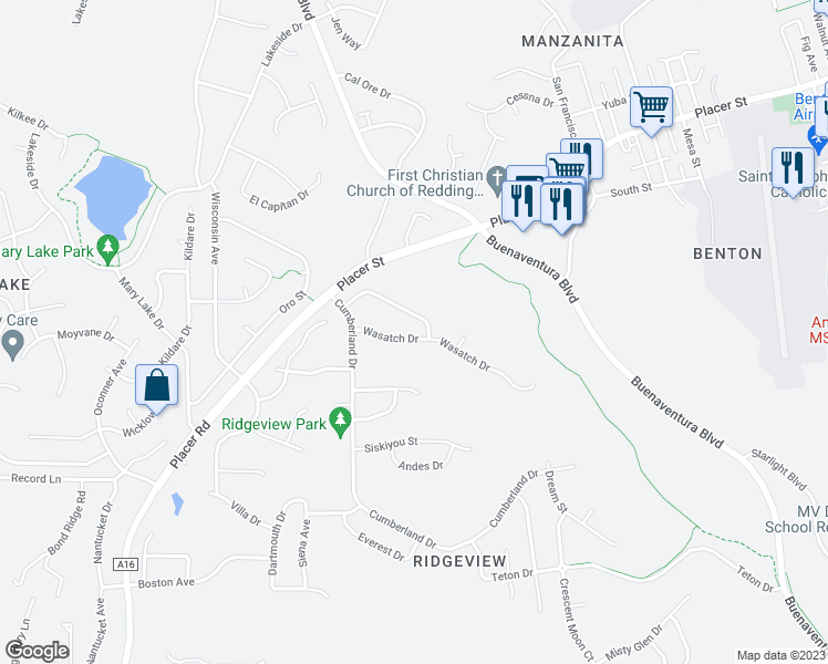 map of restaurants, bars, coffee shops, grocery stores, and more near 3730 Wasatch Drive in Redding