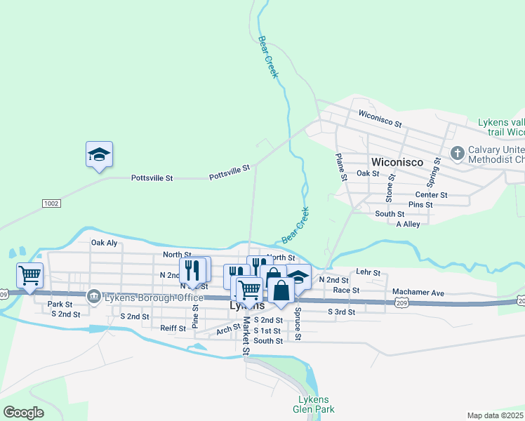 map of restaurants, bars, coffee shops, grocery stores, and more near Pottsville Street in Lykens
