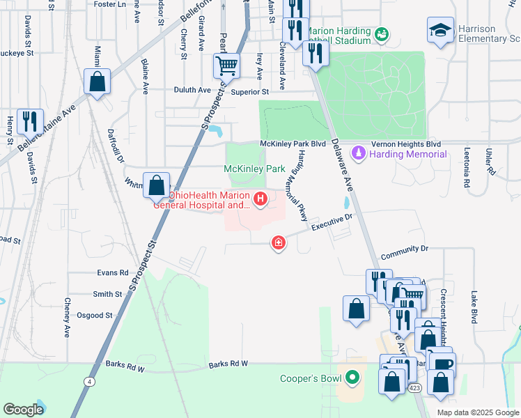 map of restaurants, bars, coffee shops, grocery stores, and more near 1000 McKinley Park Drive in Marion