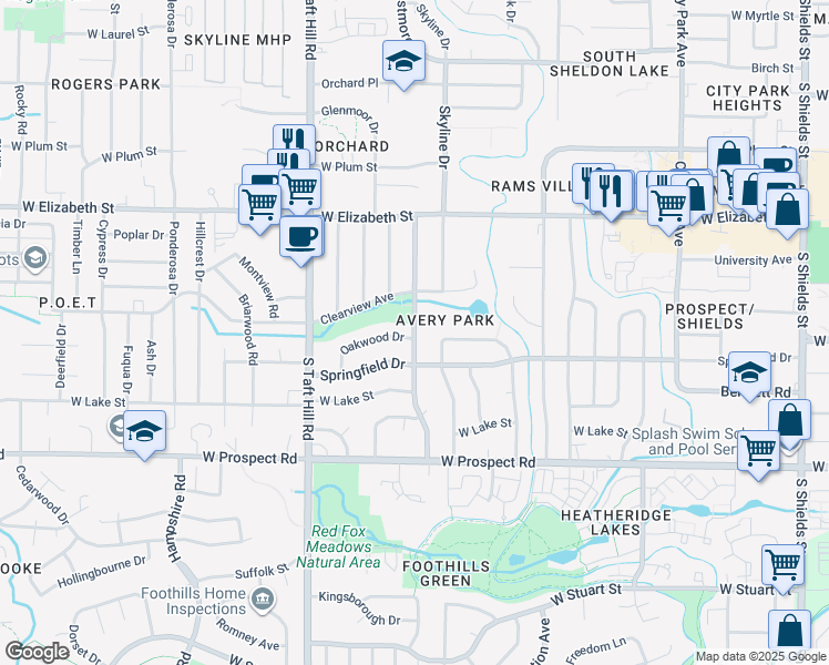 map of restaurants, bars, coffee shops, grocery stores, and more near 1210 Castlerock Drive in Fort Collins
