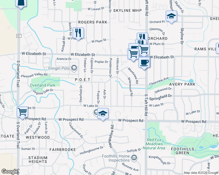 map of restaurants, bars, coffee shops, grocery stores, and more near 1128 Ponderosa Drive in Fort Collins