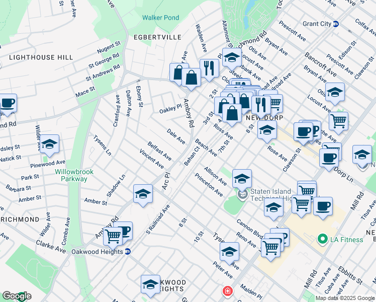 map of restaurants, bars, coffee shops, grocery stores, and more near 34 Behan Court in Staten Island