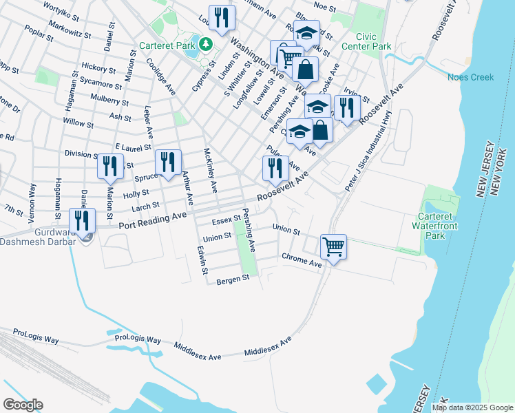 map of restaurants, bars, coffee shops, grocery stores, and more near 77 Union Street in Carteret