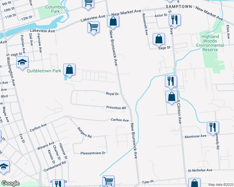 map of restaurants, bars, coffee shops, grocery stores, and more near 22 Royal Drive in Piscataway