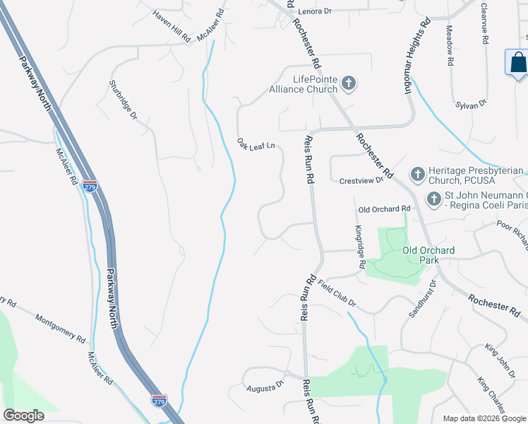 map of restaurants, bars, coffee shops, grocery stores, and more near 1651 Oak Leaf Lane in Pittsburgh