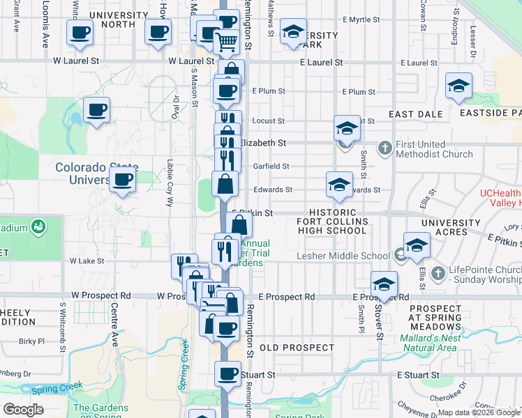 map of restaurants, bars, coffee shops, grocery stores, and more near 1400 Remington Street in Fort Collins