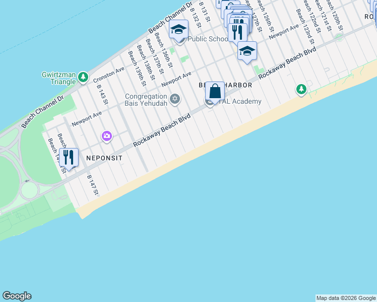 map of restaurants, bars, coffee shops, grocery stores, and more near 1-31 Beach 138th Street in Queens